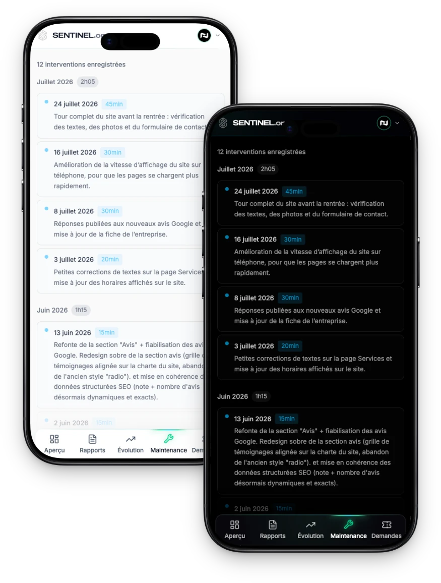 Le même carnet sur téléphone, en thème clair et en thème sombre