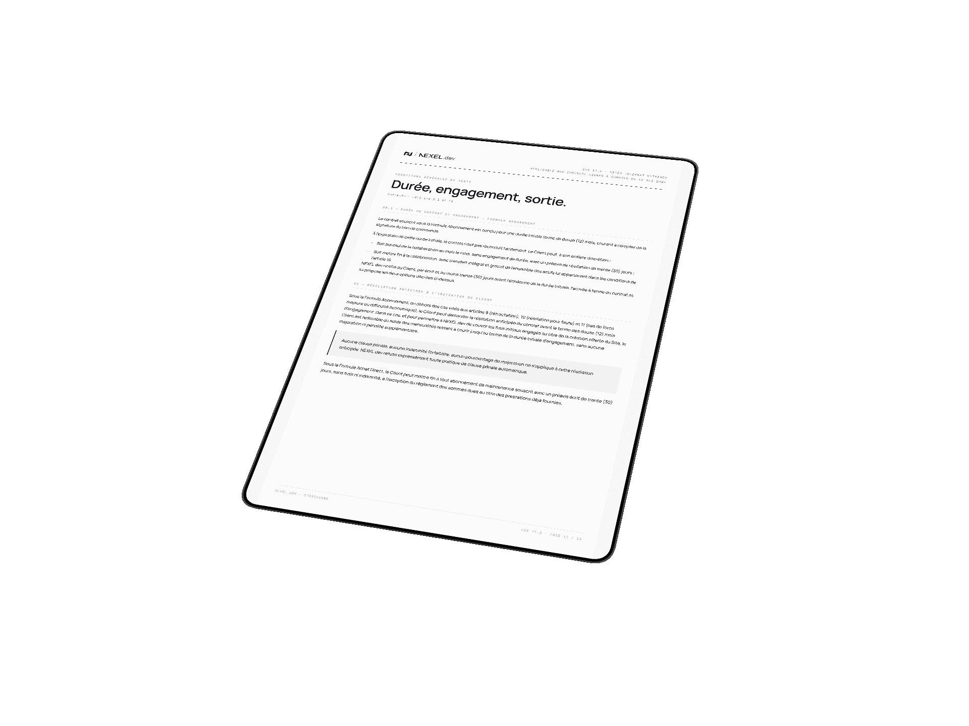 Une page des CGV NEXEL.dev — durée, engagement, sortie (articles 8.1 et 12).